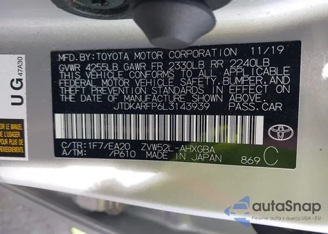 2020 Toyota Prius Prime Limited z USA, uszkodzony, nr VIN JTDKARFP6L3143939